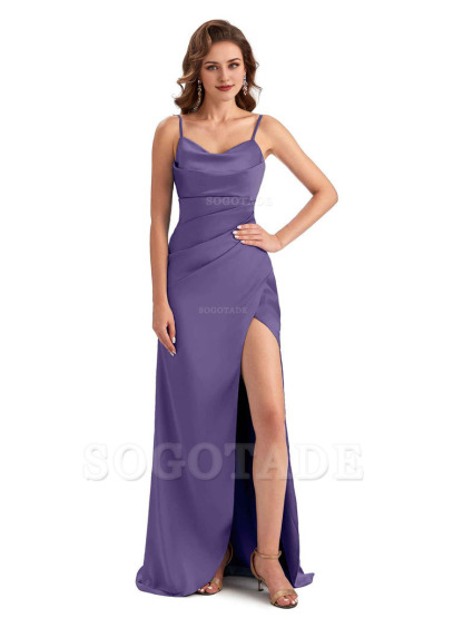 Soft Satin Side Slit Spaghetti Straps Sexy Wedding Bridesmaid Dresses