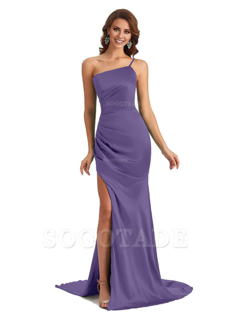 Sexy Silky Satin Side Slit One Shoulder Unique Long Wedding Guest Maxi Dresses