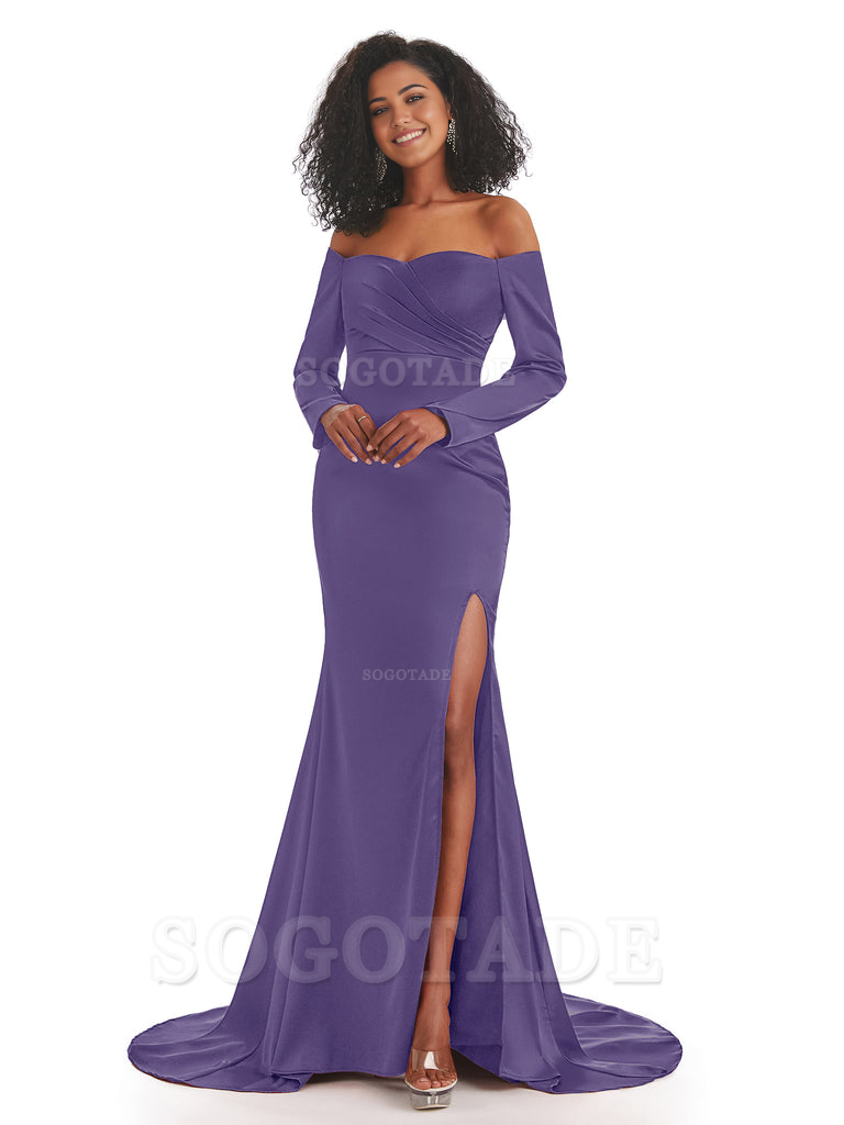 Mermaid Long Sleeve Satin formal dresses evening gown Bridesmaid Dresses With Side Slit 