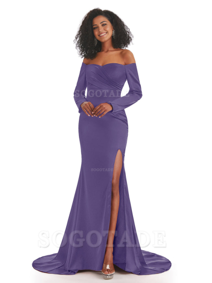 Mermaid Long Sleeve Satin formal dresses evening gown Bridesmaid Dresses With Side Slit 