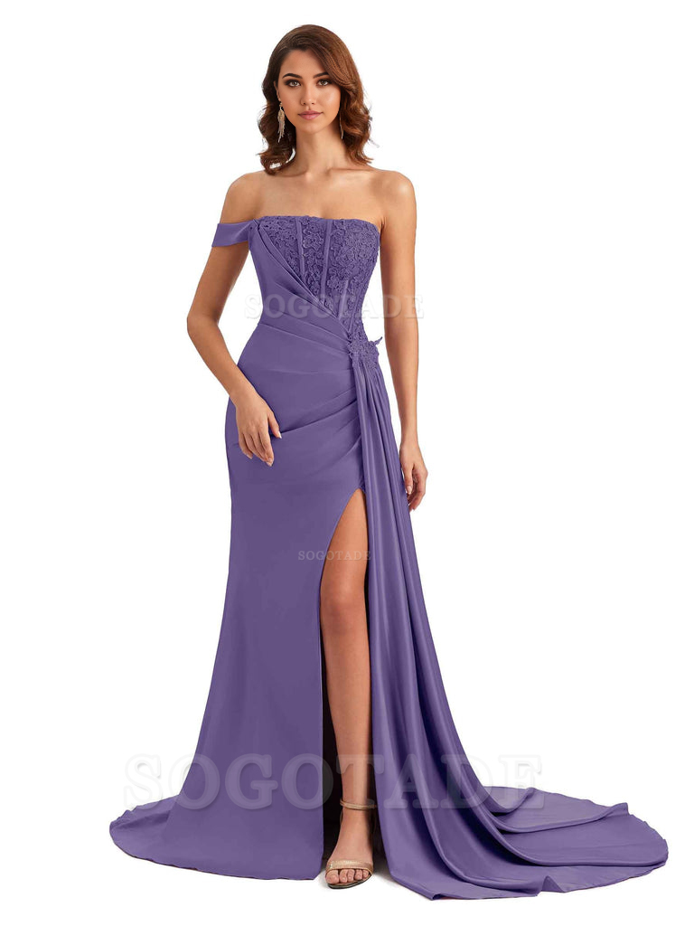 Mermaid Off Shoulder Applique formal dresses evening gown Bridesmaid Dresses With Side Slit 