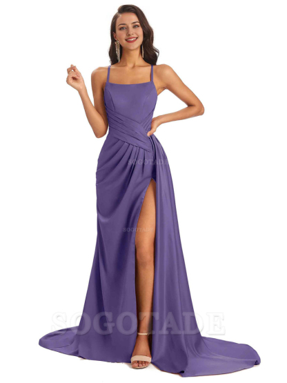 Sexy Soft Satin Side Slit Spaghetti Straps Long Maxi Bridesmaid Dresses prom shop dresses