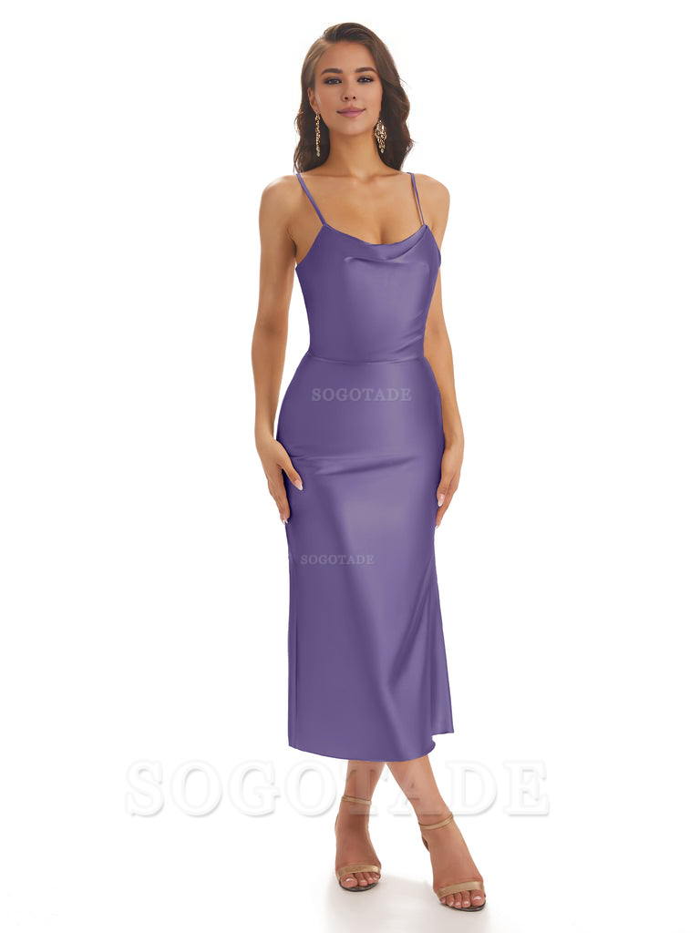 Sexy Soft Satin Spaghetti Strap Tea-Length Midi Short Bridesmaid Dresses prom shop dresses