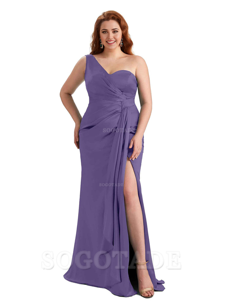  Sexy One Shoulder Side Hight Slit Mermaid Satin Floor Length Long Plus Size Bridesmaid Dress For Wedding