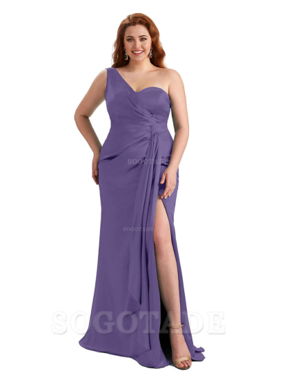  Sexy One Shoulder Side Hight Slit Mermaid Satin Floor Length Long Plus Size Bridesmaid Dress For Wedding