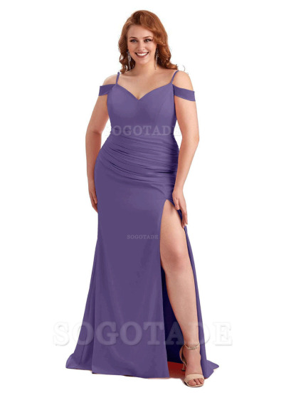 Sexy Side Slit Mermaid Cold Shoulder Soft Satin Long Plus Size Bridesmaid Dresses Online