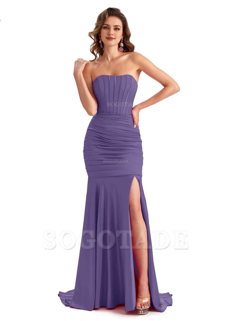 Sexy Strapless Side Slit Mermaid Silky Satin Formal Bridesmaid Dresses