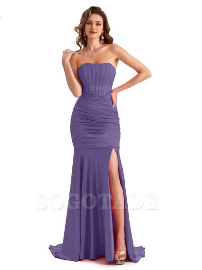 Sexy Strapless Side Slit Mermaid Silky Satin Formal Bridesmaid Dresses