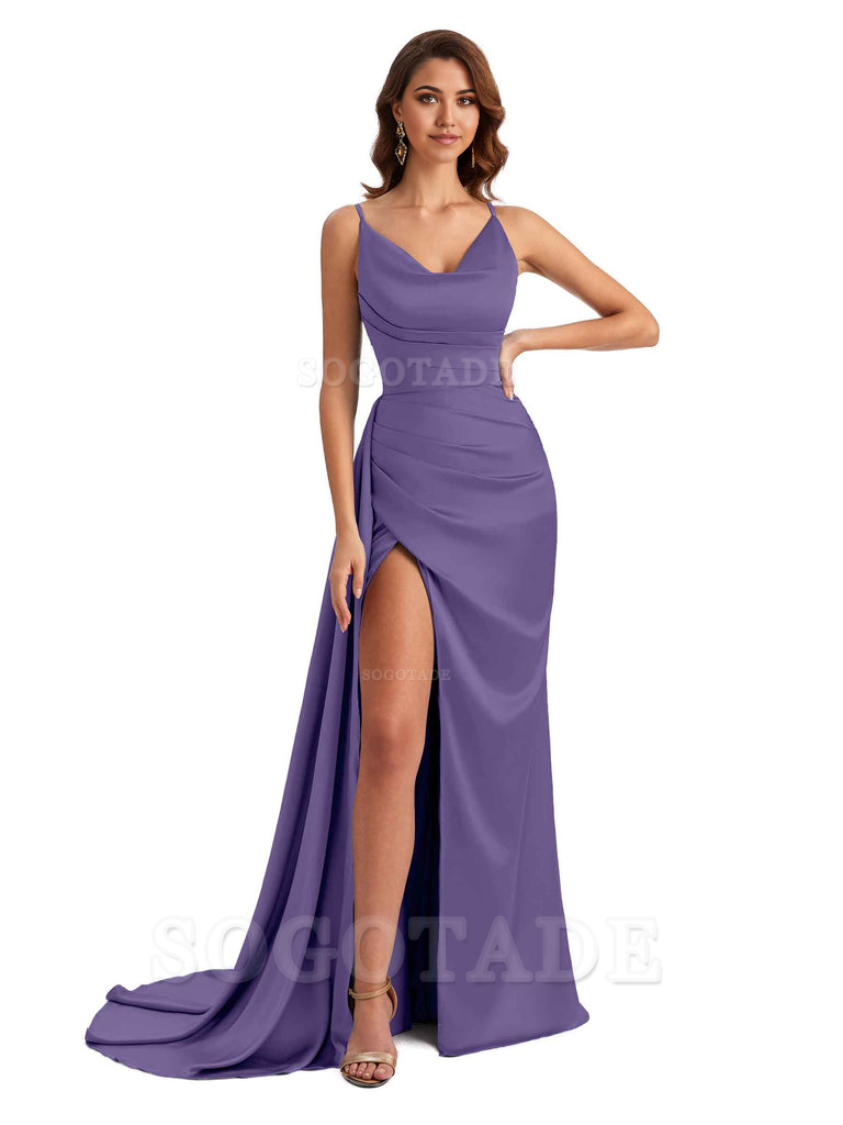 Mermaid Cowl Spaghetti Satin formal dresses evening gown Bridesmaid Dresses With Side Slit