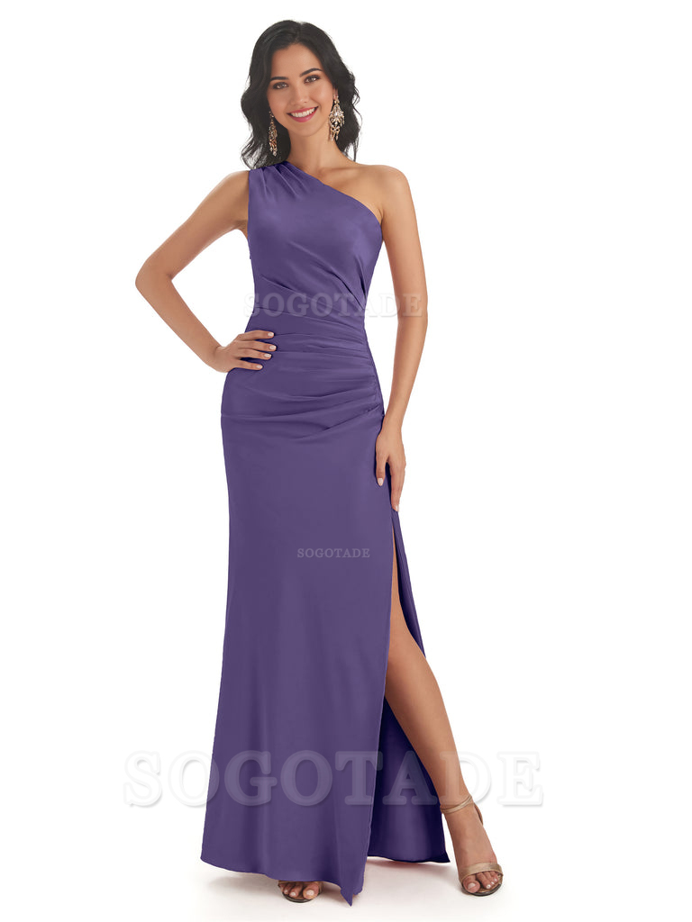 Mermaid One Shoulder Satin formal dresses evening gown Bridesmaid Dresses With Side Slit 