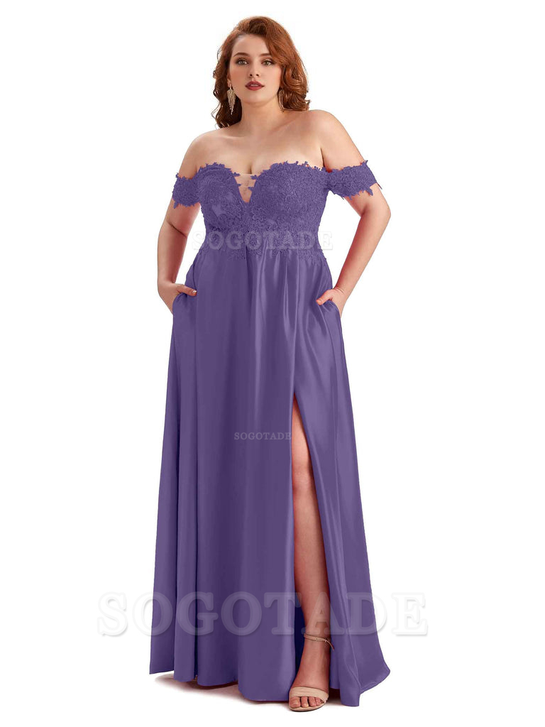 Off Shoulder Side Slit Lace Soft Satin Long Plus Size Bridesmaid Dresses For Wedding