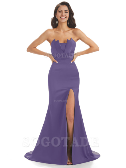 Mermaid sleeveless Satin formal dresses evening gown Bridesmaid Dresses With Side Slit 