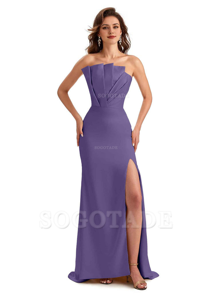 Unique Soft Satin Side Slit Asymmetrical Neckline Mermaid Long Bridesmaid Dresses