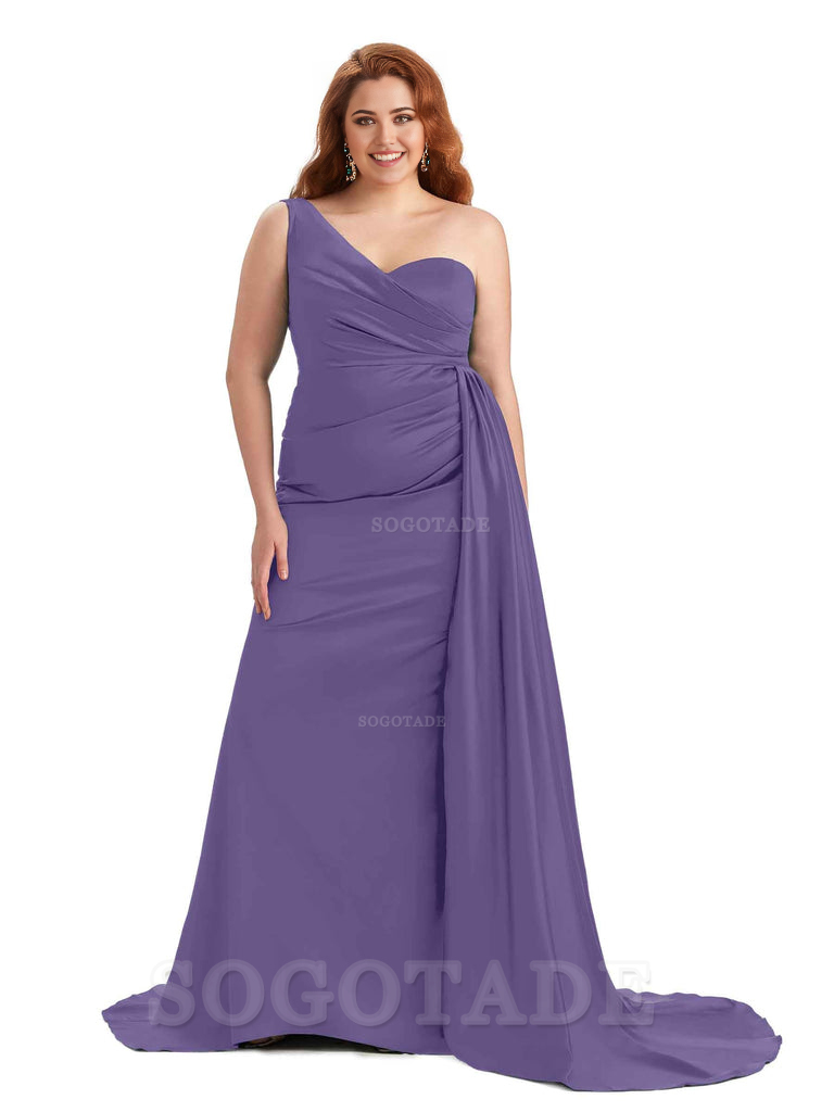 Sexy One Shoulder Sleeveless Mermaid Soft Satin Long Plus Size With Train Bridesmaid Gowns