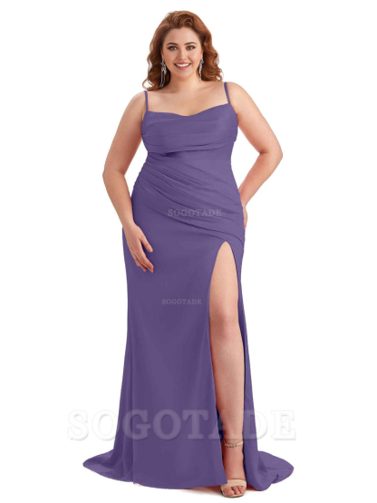 Sexy Side Slit Spaghetti Straps Mermaid Soft Satin Long Plus Size Bridesmaid Dress For Wedding