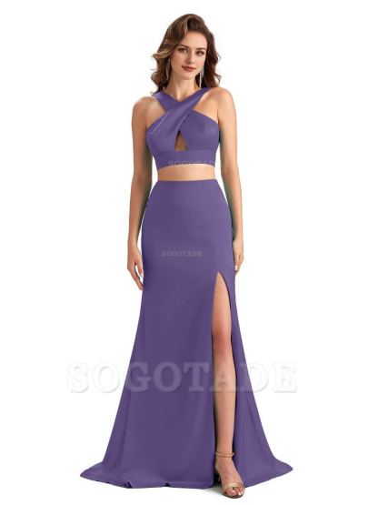 Sexy Side Slit Mermaid Silky Satin Halter Two Pieces Unique Long Bridesmaid Dresses