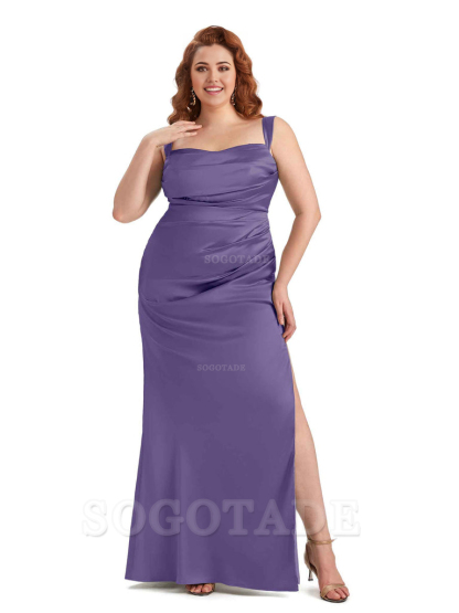 Sexy Side Slit Mermaid Wide Straps Soft Satin Long Plus Size Maid of Bridesmaid Dresses