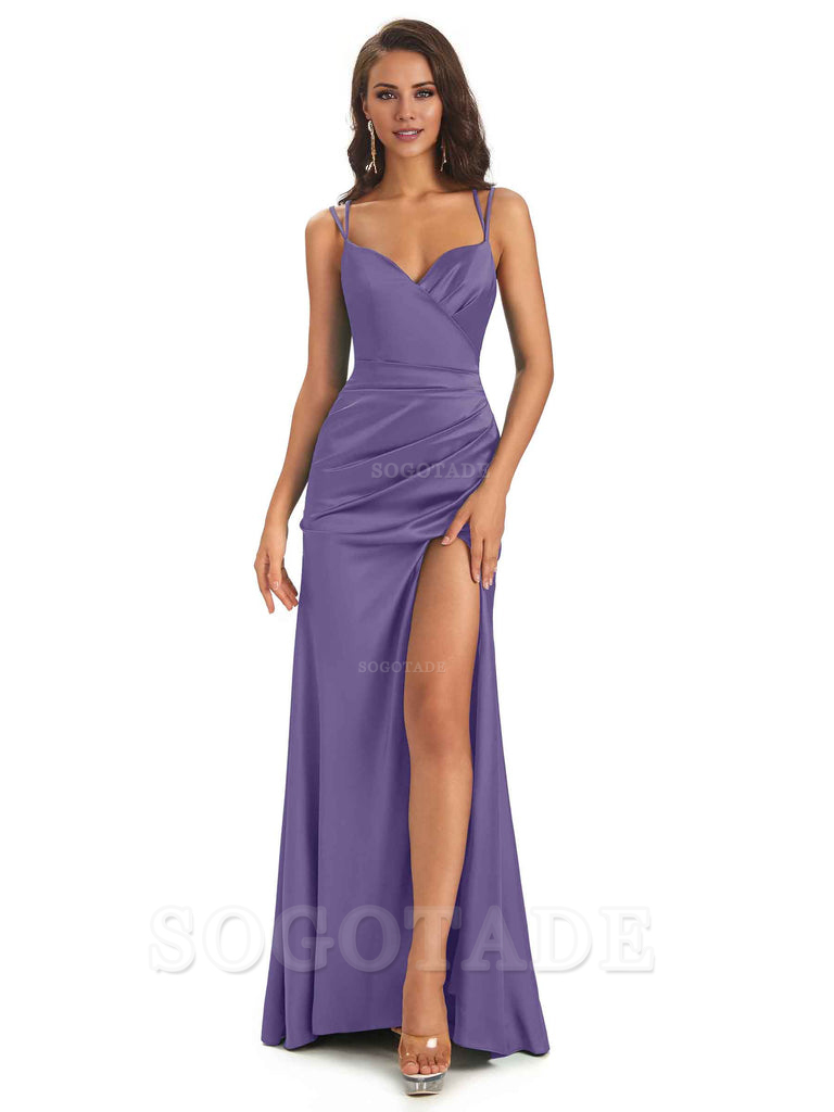 Sexy Soft Satin Side Slit Spaghetti Straps Long Maxi Mermaid Bridesmaid Dresses Elegant Evening Party Dress