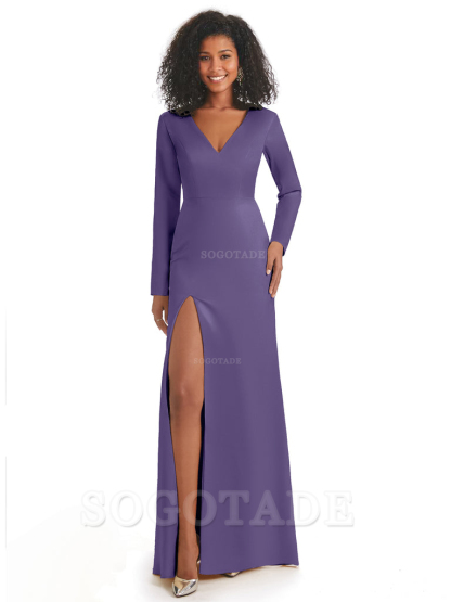 Soft Satin Side Slit Long Sleeves V-Neck Long African Mermaid Bridesmaid Dresses Elegant Evening Party Dress