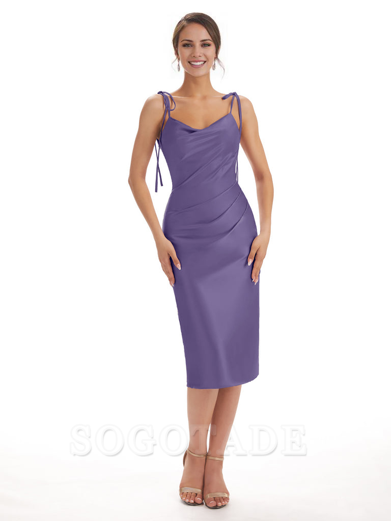 Tea Length Midi Short Bridesmaid Dresses Spaghetti Straps Satin Elegant Evening Party Dress