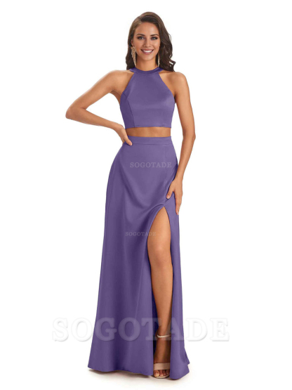 Soft Satin Two-Pieces Halter Side Slit Sexy Fashion Bridesmaid Dresses Charming Evening Party Dress