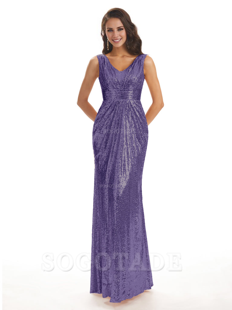 Sparkly V-Neck Sequin Long Mermaid Bridesmaid Dresses Sleeveless Charming Evening Party Dress