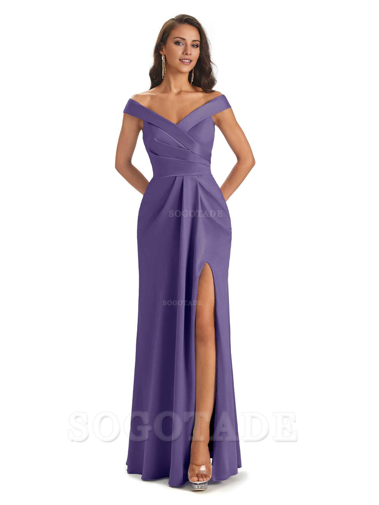 Sexy Soft Side Slit Off Shoulder V-Neck Long Satin Ladies Bridesmaid Dresses Elegant Evening Party Dress