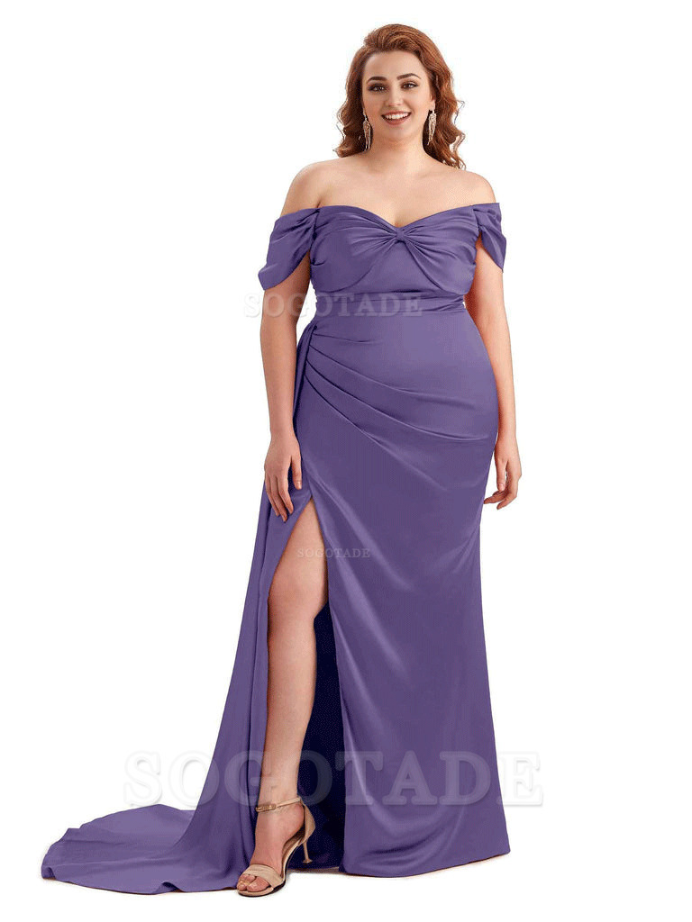  Sexy Side Slit Off The Shoulder Mermaid Soft Satin Long Plus Size Bridesmaid Dress For Wedding