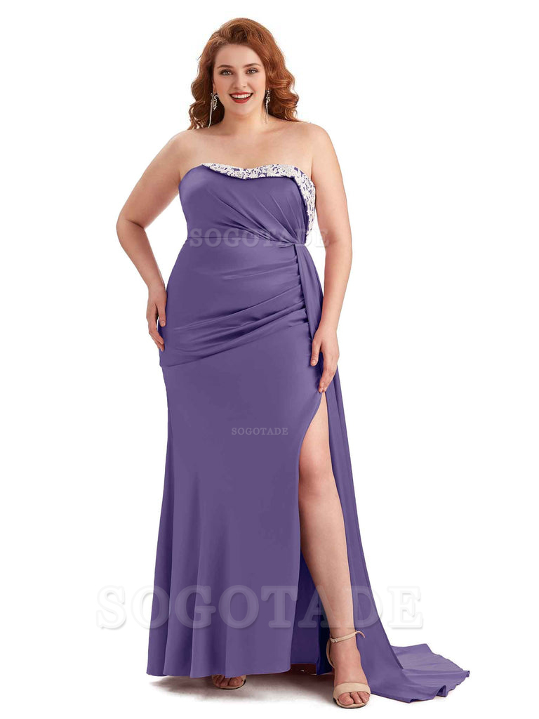 Sexy Side Slit Strapless Mermaid Lace Soft Satin Long Plus Size Maid of Honor Dresses