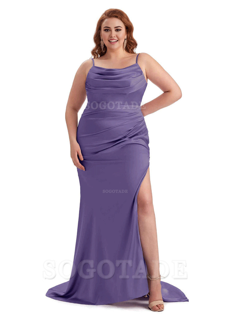 Sexy Jewel Side Slit Mermaid Soft Satin Long Plus Size Bridesmaid Dress For Wedding