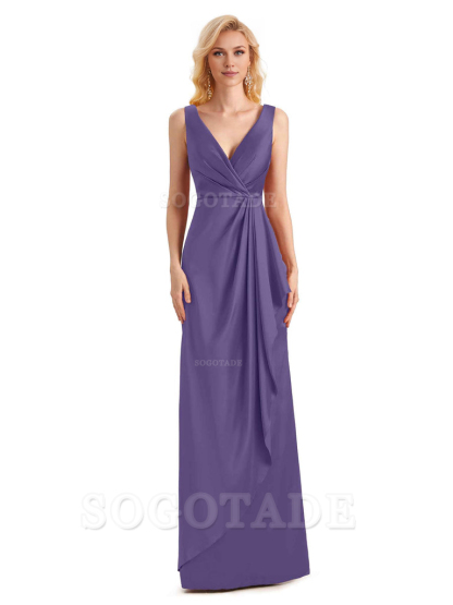V Neck Elegant Soft Satin Formal Long Maid Bridesmaid Dresses Formal Wear Dresses