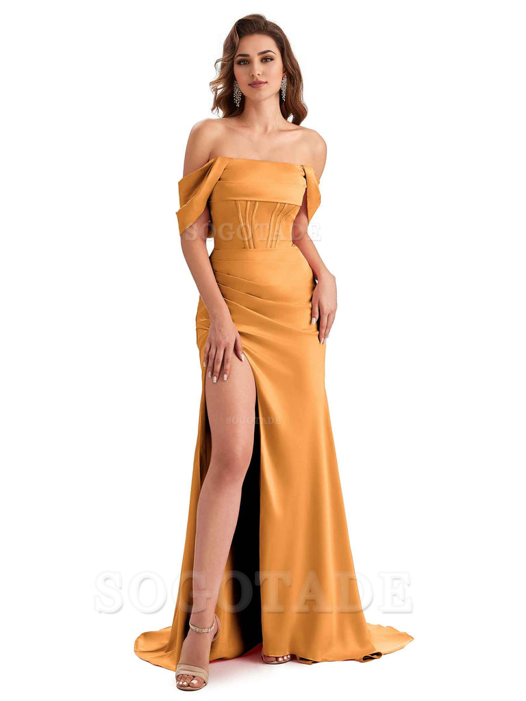 Sexy Side Slit Mermaid Soft Satin Off The Shoulder Unique Long Wedding Attendee Dresses