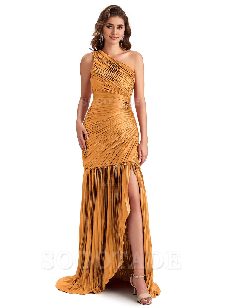 Sexy Side Slit Mermaid Soft Satin One Shoulder Long Ladies Bridesmaid Dresses Online