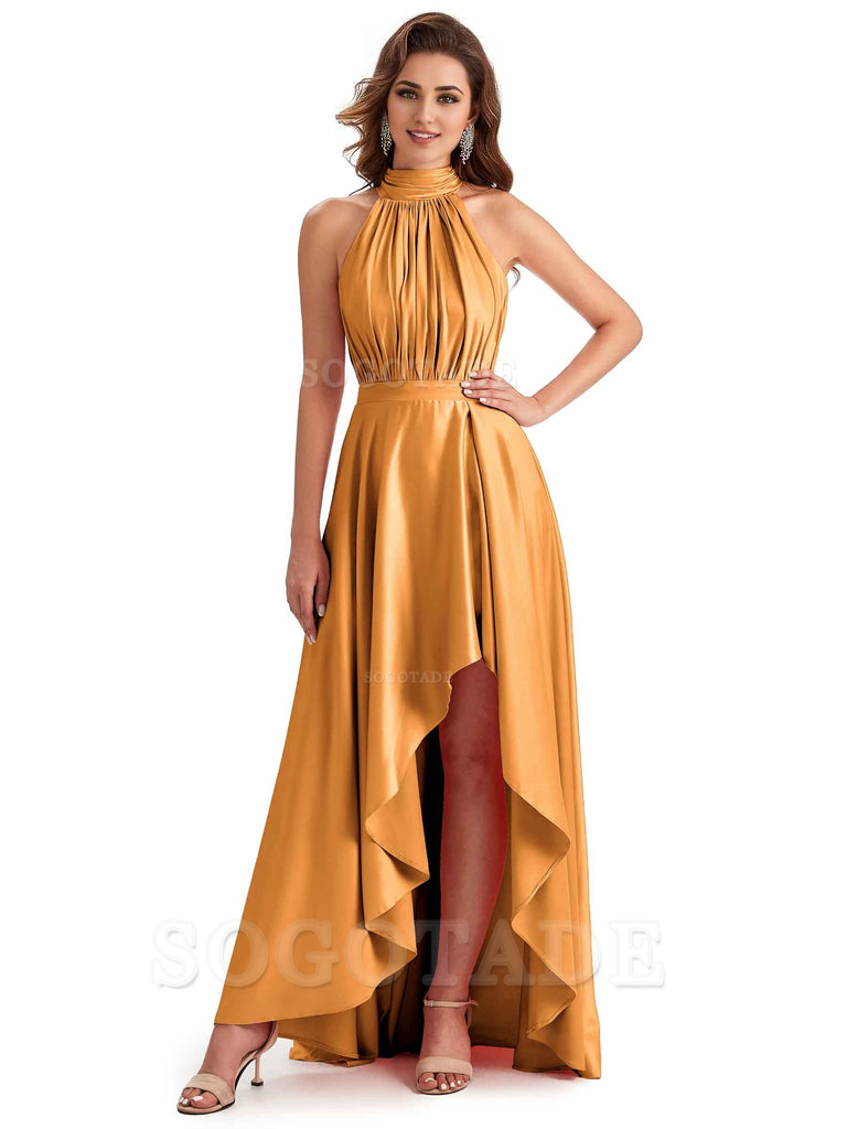 Soft Satin High Neck High Low A-Line Unique Bridesmaid Dresses Online