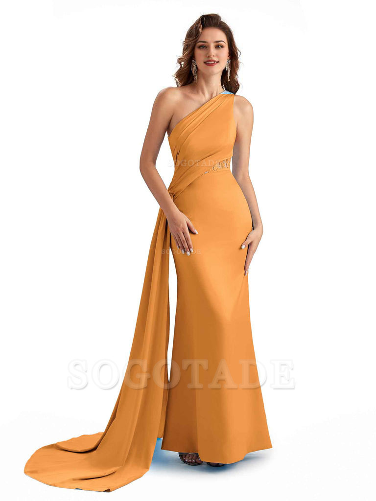 Sexy Mermaid Silky Satin One Shoulder Lace See Through Long Bridesmaid Dresses Online