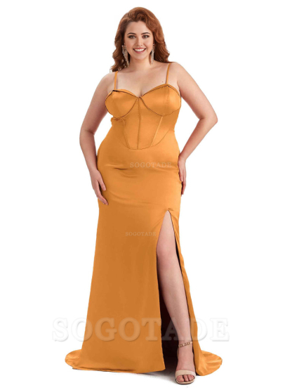 Sexy Spaghetti Straps Side Slit Sleeveless Mermaid Soft Satin Long Bridesmaid Dress Plus Size Dress To Wear to a Wedding