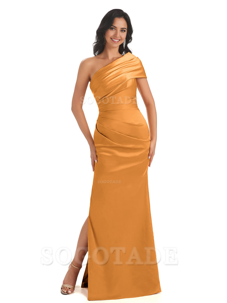 Mermaid One Shoulder Satin Long formal dresses evening gown Bridesmaid Dresses With Side Slit 