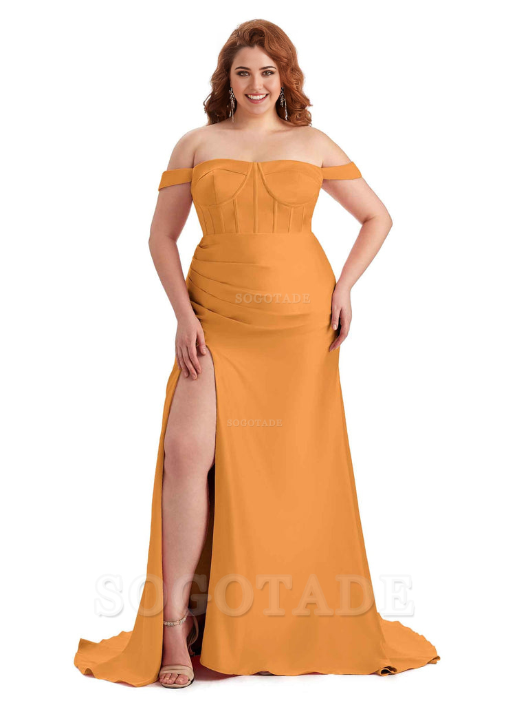 Elegant Off The Shoulder Side Slit Mermaid Soft Satin Floor Length Long Plus Size Bridesmaid Gowns
