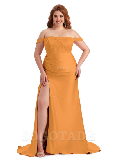 Elegant Off The Shoulder Side Slit Mermaid Soft Satin Floor Length Long Plus Size Bridesmaid Gowns