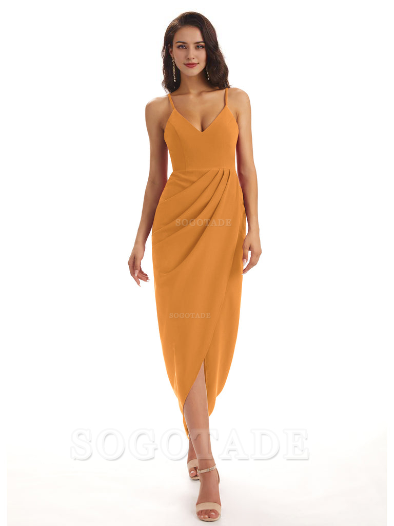 Simple Soft Satin Spaghetti Straps Mermaid Midi Bridesmaid Dresses prom shop dresses