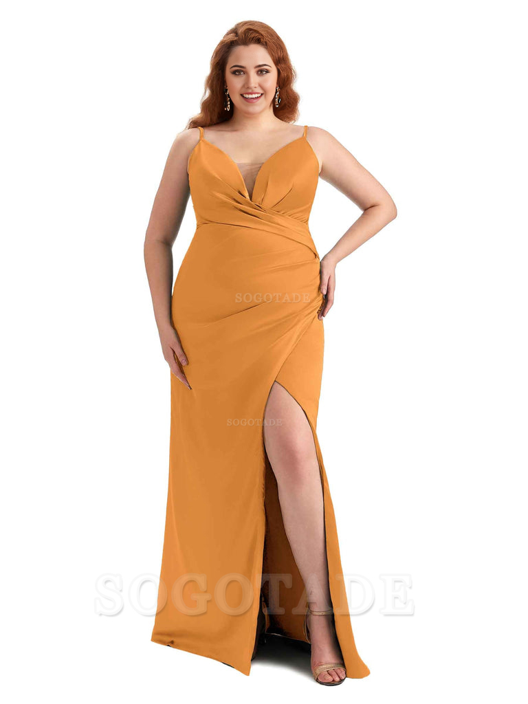 Sexy Side Slit Spaghetti Straps Sleeveless Mermaid V-neck Soft Satin Long Plus Size Bridesmaid Dress For Wedding