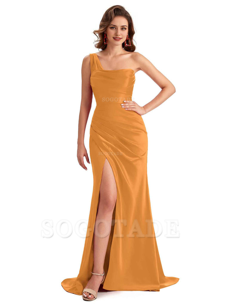 Sexy One Shoulder Side Slit Silky Satin Chic Long Mermaid Trumpet Bridesmaid Dress