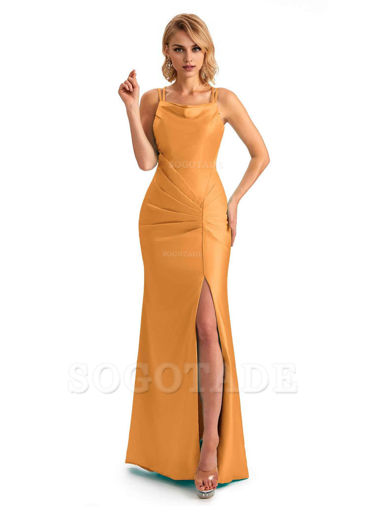 Soft Satin Spaghetti Straps Side Slit Long Unique Mermaid Beautiful Dresses For Wedding