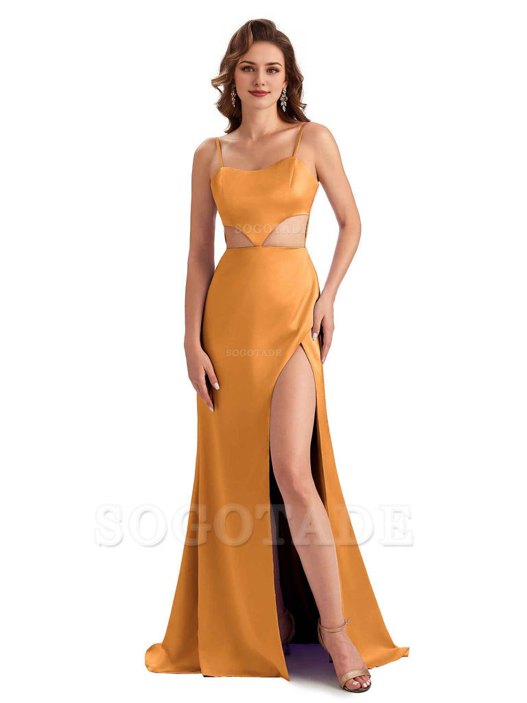 Sexy Satin Side Slit Spaghetti Straps Mermaid Long Unique Curve Wedding Guest Dresses