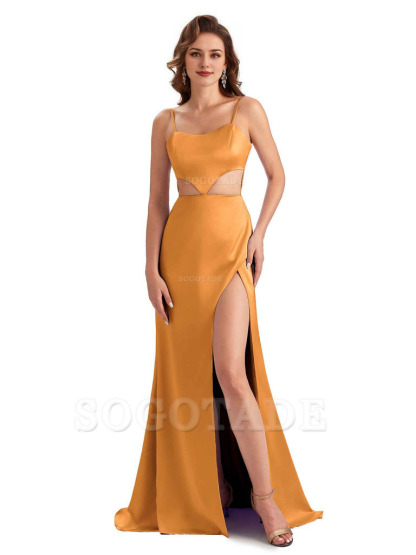 Sexy Satin Side Slit Spaghetti Straps Mermaid Long Unique Curve Wedding Guest Dresses