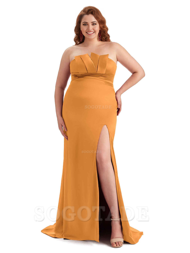 Sexy Side Slit Sleeveless Mermaid Soft Satin Long Plus Size Wedding Party Dresses For Wedding