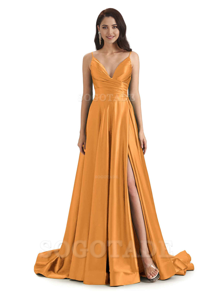 Spaghetti Straps Satin formal dresses evening gown Bridesmaid Dresses With Side Slit 