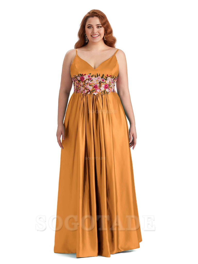 Unique Lace Spaghetti Straps Sleeveless Soft Satin Long Plus Size Bridesmaid Dress For Wedding