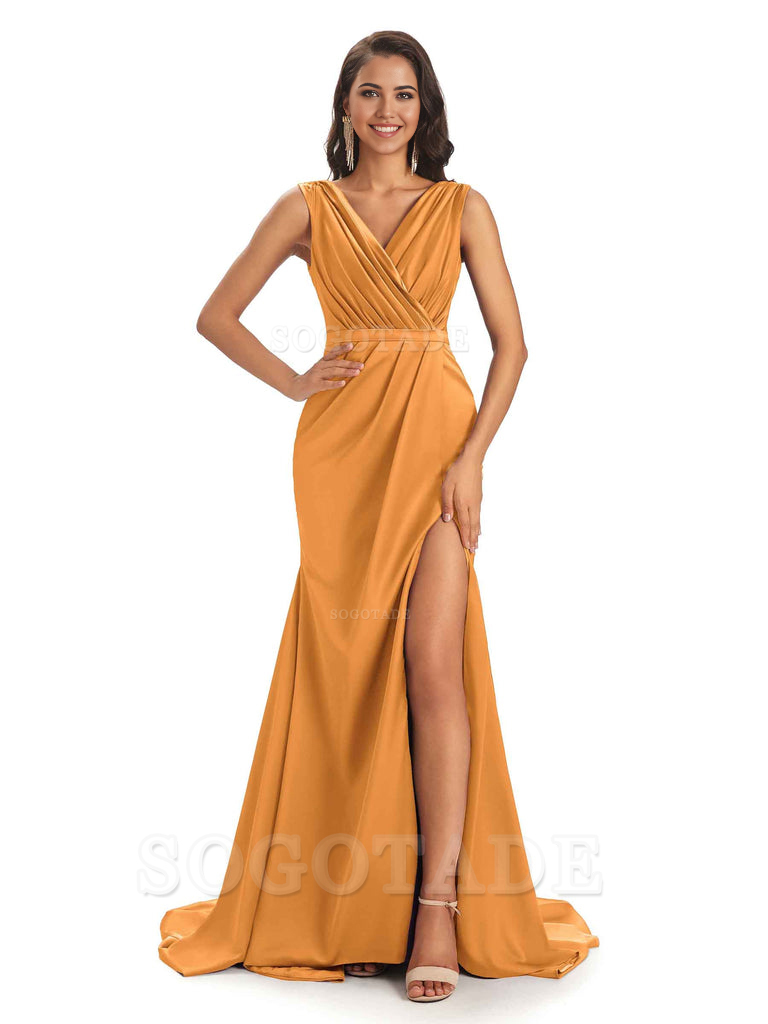 A-line V-neck Floor-Length Satin formal dresses evening gown Bridesmaid Dresses With Side Slit 