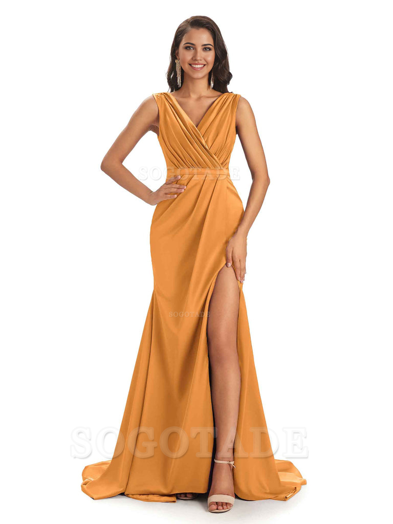 A-line V-neck Floor-Length Satin formal dresses evening gown Bridesmaid Dresses With Side Slit 